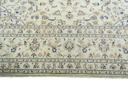 Full view of New Kashan rug from Iran / Persia, 346 × 246 cm in Beige tones
