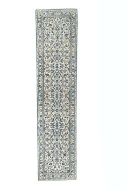 Full view of 2000s Kashan rug from Iran / Persia, 321 × 76 cm in Beige tones