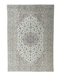 Full view of 2000s Kashan rug from Iran / Persia, 354 × 245 cm in Beige tones