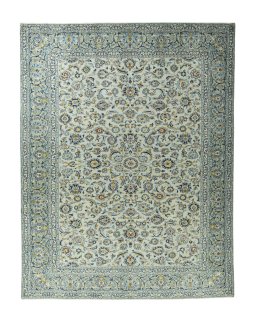 Full view of 1970s Kashan rug from Iran / Persia, 388 × 301 cm in Blue tones