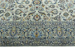 Full view of 1970s Kashan rug from Iran / Persia, 388 × 301 cm in Blue tones
