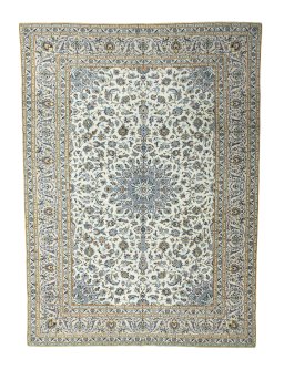 Full view of 2000s Kashan rug from Iran / Persia, 400 × 294 cm in Beige tones