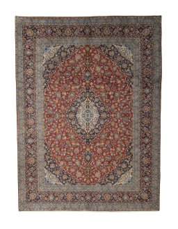 Full view of 2000s Kashan rug from Iran / Persia, 406 × 301 cm in Red tones