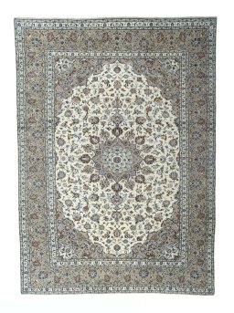 Full view of 2000s Kashan rug from Iran / Persia, 346 × 251 cm in Beige tones