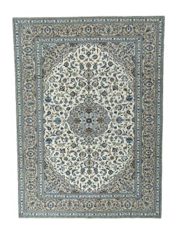Full view of 2000s Kashan rug from Iran / Persia, 403 × 296 cm in Beige tones