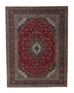 Full view of 2000s Kashan rug from Iran / Persia, 410 × 312 cm in Red tones