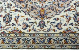 Full view of 2000s Kashan rug from Iran / Persia, 421 × 100 cm in Beige tones