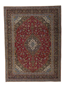 Full view of 2000s Kashan rug from Iran / Persia, 412 × 314 cm in Red tones