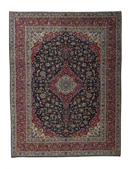 Full view of 2000s Kashan rug from Iran / Persia, 394 × 305 cm in Blue tones