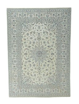 Full view of New Kashan rug from Iran / Persia, 341 × 242 cm in Beige tones