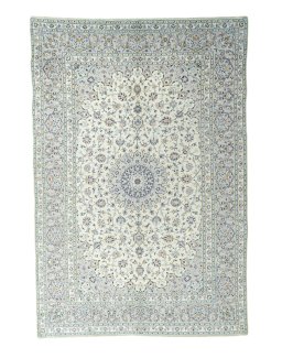 Full view of 2000s Kashan rug from Iran / Persia, 355 × 241 cm in Beige tones