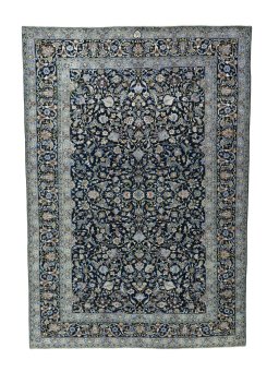 Full view of 2000s Kashan rug from Iran / Persia, 383 × 265 cm in Blue tones