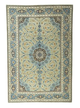 Full view of 2000s Kashan rug from Iran / Persia, 388 × 261 cm in Green tones