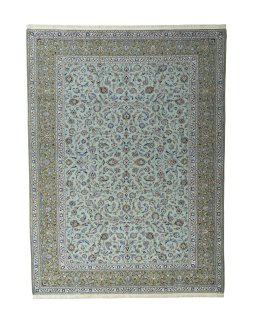 Full view of 2000s Kashan rug from Iran / Persia, 403 × 302 cm in Blue tones