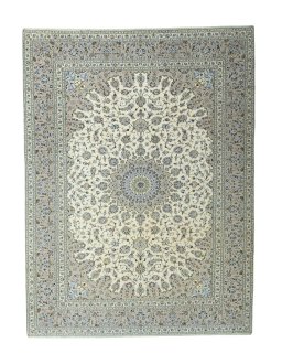 Full view of 2000s Kashan rug from Iran / Persia, 400 × 301 cm in Beige tones