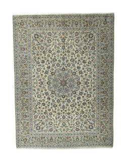 Full view of 2000s Kashan rug from Iran / Persia, 400 × 300 cm in Beige tones