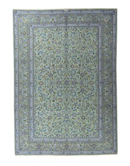 Full view of 2000s Kashan rug from Iran / Persia, 400 × 284 cm in Green tones