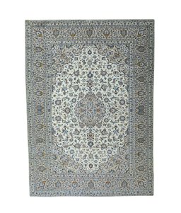 Full view of 2000s Kashan rug from Iran / Persia, 338 × 243 cm in Beige tones
