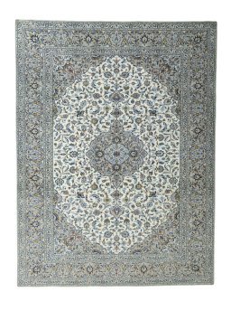Full view of 2000s Kashan rug from Iran / Persia, 391 × 298 cm in Beige tones