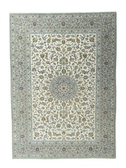Full view of 2000s Kashan rug from Iran / Persia, 412 × 301 cm in Beige tones