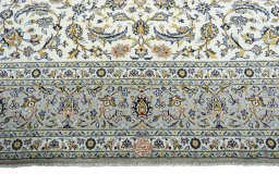 Full view of 2000s Kashan rug from Iran / Persia, 412 × 301 cm in Beige tones