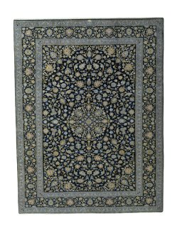 Full view of 2000s Kashan rug from Iran / Persia, 381 × 291 cm in Blue tones