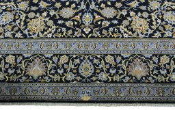 Full view of 2000s Kashan rug from Iran / Persia, 381 × 291 cm in Blue tones