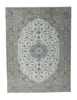 Full view of 2000s Kashan rug from Iran / Persia, 395 × 302 cm in Beige tones