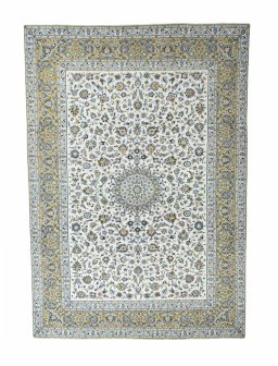 Full view of 2000s Kashan rug from Iran / Persia, 417 × 293 cm in Beige tones