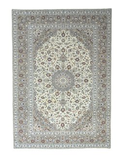 Full view of 2000s Kashan rug from Iran / Persia, 355 × 253 cm in Beige tones