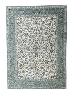Full view of 1970s Kashan rug from Iran / Persia, 421 × 305 cm in Beige tones