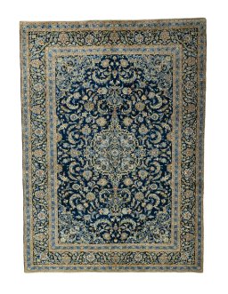 Full view of 2000s Kashan rug from Iran / Persia, 407 × 297 cm in Blue tones