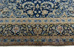 Full view of 2000s Kashan rug from Iran / Persia, 407 × 297 cm in Blue tones