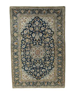 Full view of 1970s Kashan rug from Iran / Persia, 220 × 148 cm in Blue tones