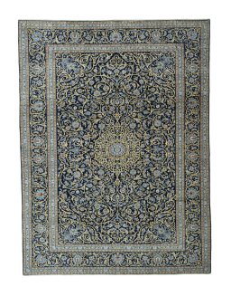 Full view of 2000s Kashan rug from Iran / Persia, 386 × 290 cm in Blue tones