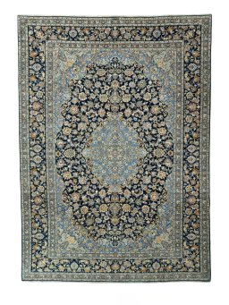 Full view of 2000s Kashan rug from Iran / Persia, 430 × 310 cm in Blue tones
