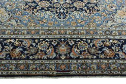 Full view of 2000s Kashan rug from Iran / Persia, 430 × 310 cm in Blue tones
