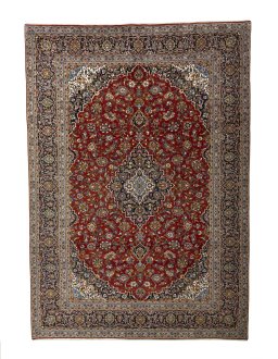 Full view of 2000s Kashan rug from Iran / Persia, 420 × 295 cm in Red tones