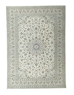 Full view of 2000s Kashan rug from Iran / Persia, 405 × 288 cm in Beige tones