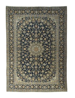 Full view of 2000s Kashan rug from Iran / Persia, 425 × 306 cm in Blue tones