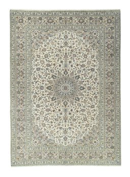 Full view of 2000s Kashan rug from Iran / Persia, 411 × 295 cm in Beige tones