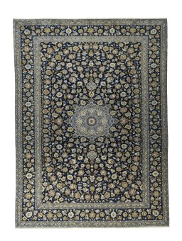 Full view of 2000s Kashan rug from Iran / Persia, 425 × 311 cm in Blue tones
