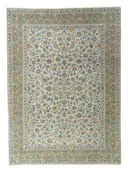 Full view of 2000s Kashan rug from Iran / Persia, 400 × 292 cm in Green tones