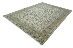 Corner detail of 2000s Kashan rug showing border pattern and Wool pile