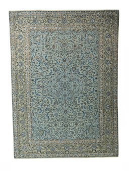Full view of 2000s Kashan rug from Iran / Persia, 425 × 310 cm in Blue tones