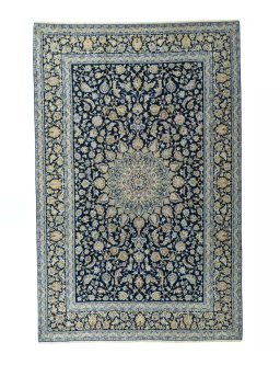 Full view of 2000s Kashan rug from Iran / Persia, 380 × 249 cm in Blue tones