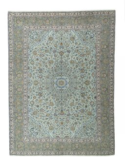 Full view of 2000s Kashan rug from Iran / Persia, 415 × 307 cm in Blue tones