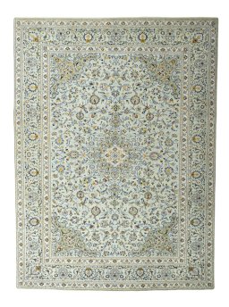 Full view of 2000s Kashan rug from Iran / Persia, 408 × 302 cm in Green tones