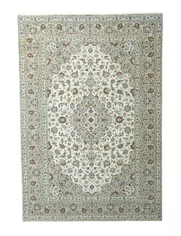 Full view of 2000s Kashan rug from Iran / Persia, 348 × 240 cm in Beige tones