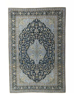 Full view of 2000s Kashan rug from Iran / Persia, 425 × 287 cm in Blue tones